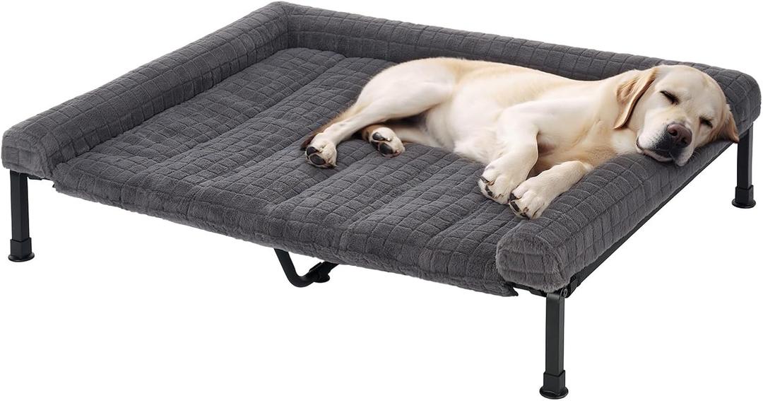 Veehoo Cooling Elevated Dog Bed with Fluffy Plush Cushion, Washable Raised Dog Beds with Removable Bolster, Breathable Mesh, No-Slip Feet, Heavy Duty Pet Cot for Large Dogs, 53 x 37 inches, Grey