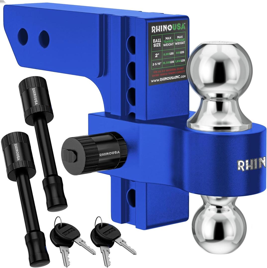 Rhino USA Adjustable Trailer Hitch (Fits 2-Inch Receiver) - Heavy Duty Aluminum Tow Hitches with 6-Inch Drop/Rise for Truck (12,500 LBS GTW) - Weatherproof Double Anti-Theft Locking Hitch Pins (Blue)