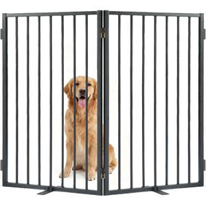 Full Metal Freestanding Dog Gate with Cat Door for Outdoor & Indoor,34" Tall Foldable Pet Fence,60" Extra Wide Free Standing Dog Gate for RV Camping,Stairs,Hallways,Doorways,Deck,Yard (3 Panels,Black)