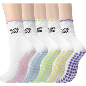 5 Paris Cute Pilates Grip Socks for Women Ruffle Embroidery Non Slip Cotton Yoga Socks for Ballet Barre Workout Hospital Pilates Lover Gifts