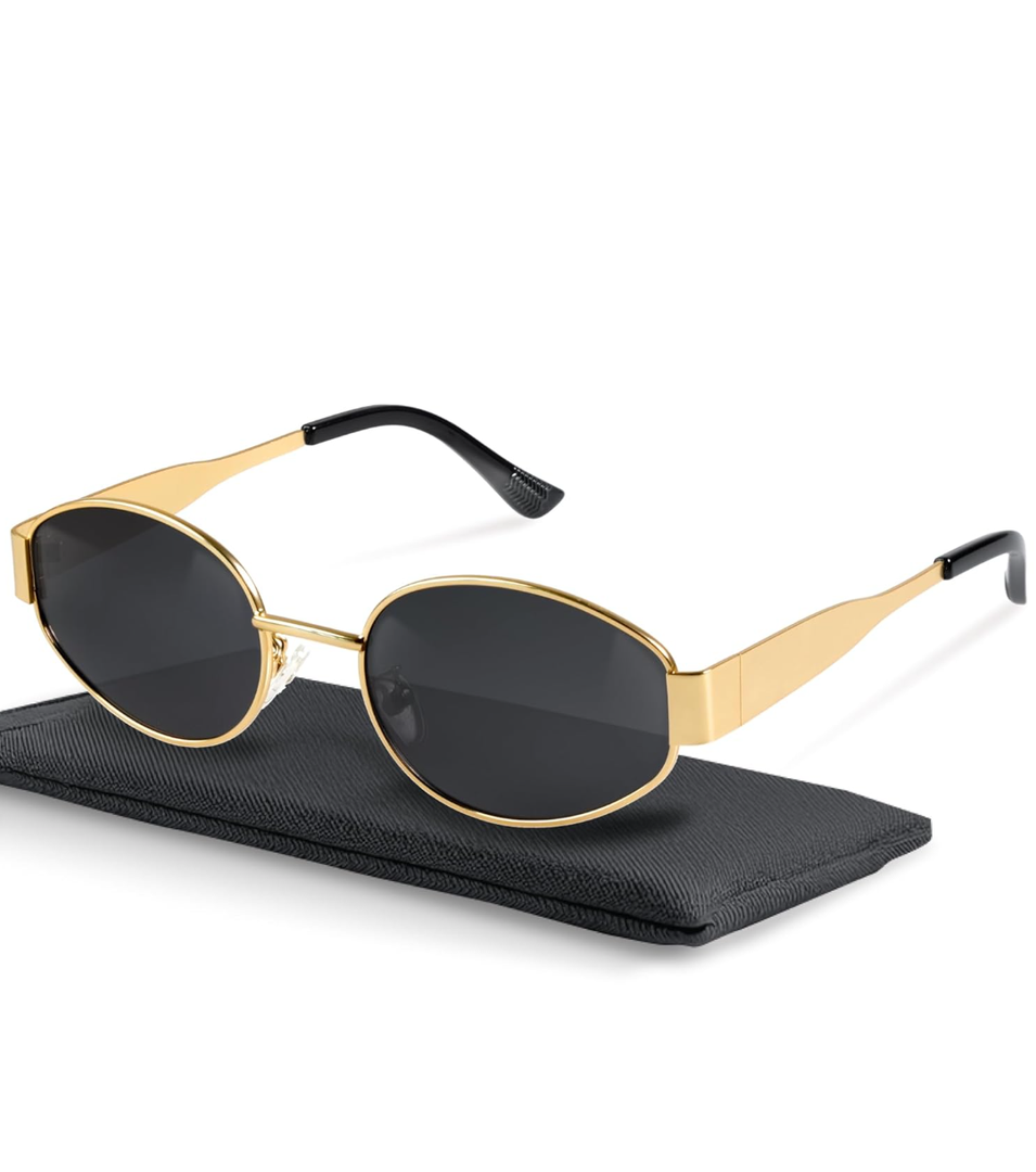 livho Retro Polarized Sunglasses - UV400 Protection, Oval Shape, Metal Frames - Matching Soft Case Inlcuded