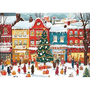 Snowy Christmas Town 1000 Piece Puzzle for Adults, Fun Puzzles for Adults 1000 Pieces with HD Print & Poster, 27.5 * 19.7 in Dust Free, for Gifts Halloween Christmas Family Games Lovers
