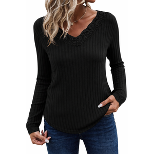 Tankaneo Womens Lace V Neck Tunic Tops Long Sleeve Ribbed Knit Shirts Fall Casual Basic Tees M