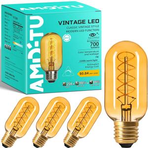 AMDTU Edison Bulbs 60W Equivalent Dimmable, Spiral Ultra-Thin Filament E26 LED Bulbs 7W, 700 Lumen, Warm Yellow 2200K, T45 Amber Glass Tubular Light Bulbs for Lamps, 4 Pack