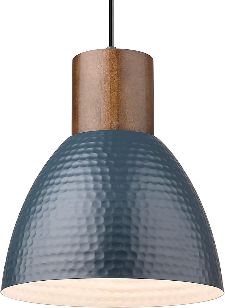 ELYONA Hammered Pendant Light for Kitchen Island, 10.2 Metal Solid Wood Bar Hanging Lamp, Adjustable Height Industrial Pendant Lighting for Dining Room, Bedroom, Bar, Office, Modern Blue