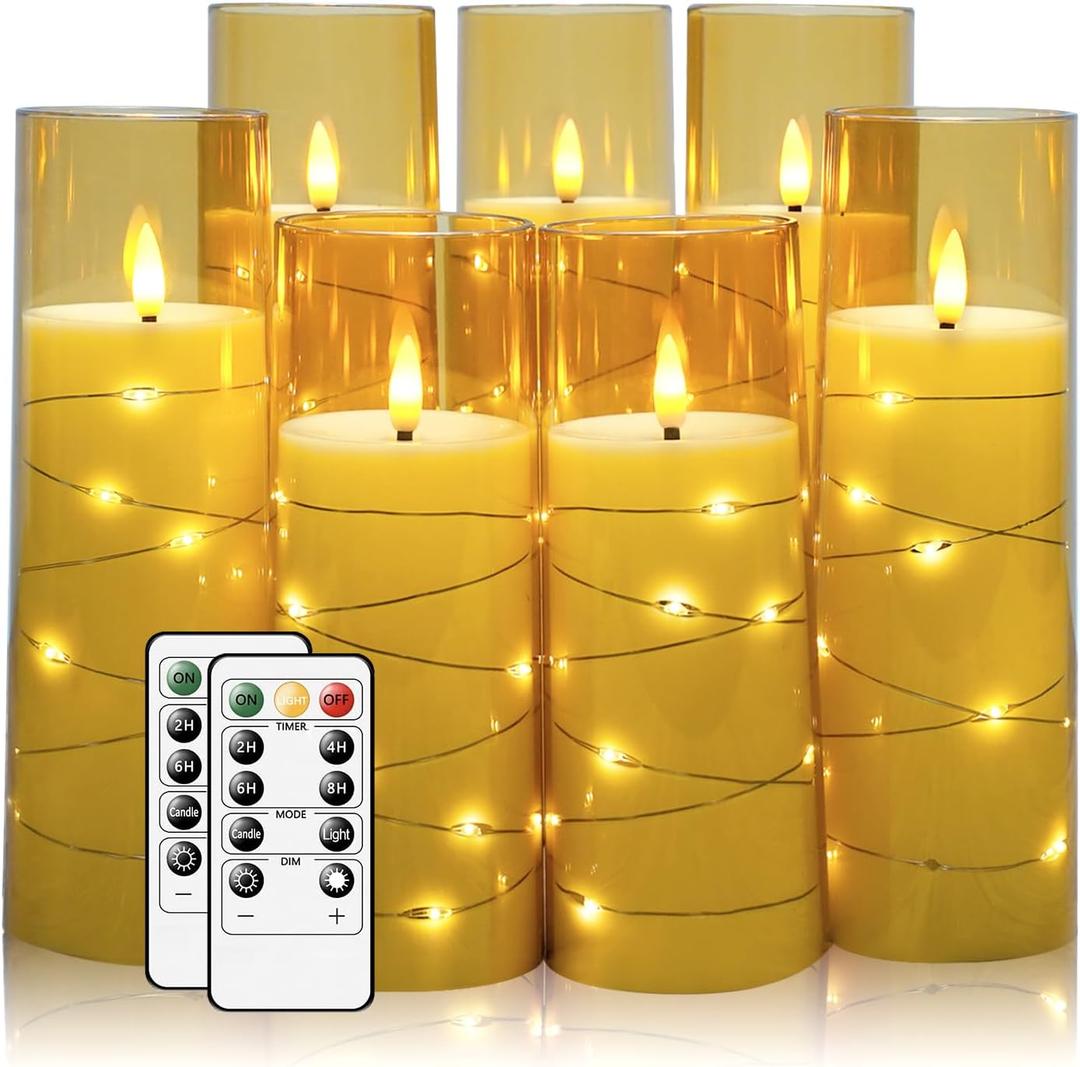 Flameless Candles,with Embedded Star String, Battery Operated Candles Flickering LED Pillar Candles with Remote Control and Timer, Home Decoration Add a Warm and Romantic Atmosphere，Set of 7 (Gold)