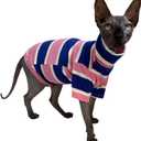 Vintage Stripes Sphynx Hairless Cats Shirt Cotton Cat Turtleneck Pet Clothes Kitten T-Shirts with Sleeves for Sphynx Cats (Wide Pink Blue Stripe, Medium)
