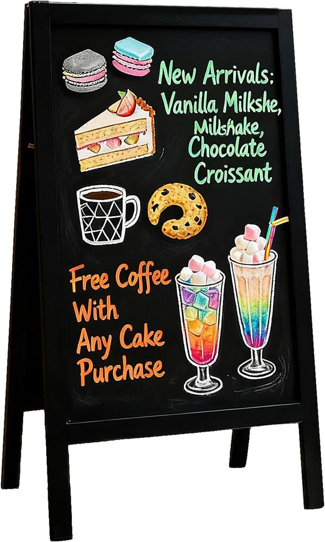 A Frame Chalk Board Easel Sign Extra Large Sidewalk Chalkboard, Pine Wood Sandwich Board Heavy Duty Hinges Double-Sided Display Blackboard for Cafs, Weddings, Party Guide 40x20in Black