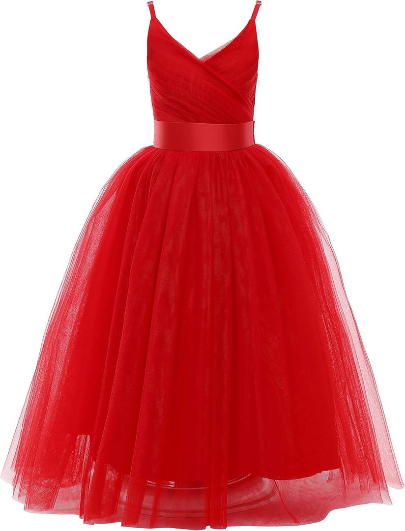 Glamulice Flower Girls Spaghetti Strap Tulle Dress Long A Line Wedding Pageant Dresses Princess Birthday Party Ball Gown (V-neck & Classic Red, 130)