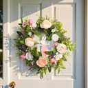 Spring Door Wreath for Front Door with Hook 20-22, Artificial Spring Door Wreath with White & Pink Peony Lavender Rabbit Wood Sign, Summer Wreaths for Windows Wall Romantic Home Dco