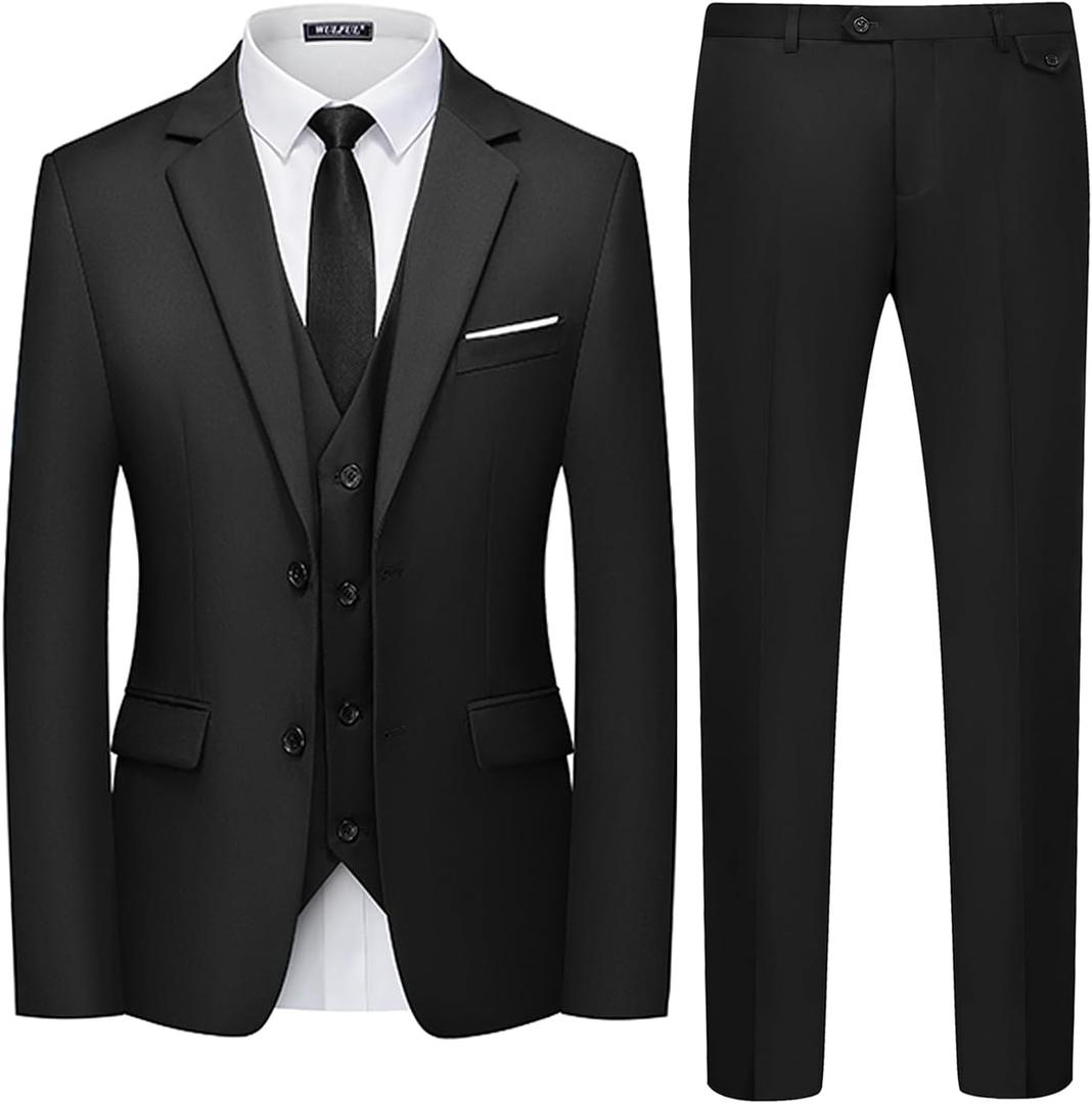 WULFUL Men's 3 Piece Slim Fit Suit Set Two Button Blazer Jacket Vest Pants Tuxedo Set for Party, Wedding and Business (Medium, Black)