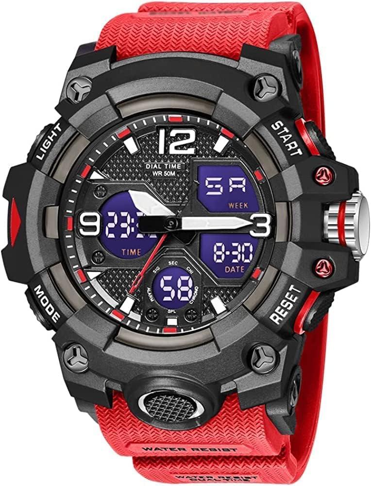 Gosasa Men's Large Face Outdoor Sports Watches Military S-Shock Watch Waterproof, Backlight, Alarm, Stopwatch Features - Rugged Wristwatch for Training, Hiking, and Adventure (8008_Red)