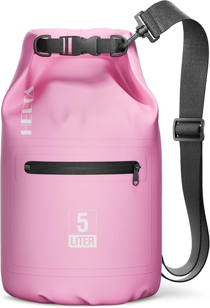 HEETA Waterproof Dry Bag with Front Zippered Pocket for Women Men, 20L Roll Top Lightweight Dry Storage Bag Backpack for Travel, Kayaking, Boating, Rafting, Camping, Hiking & Beach (Pink)