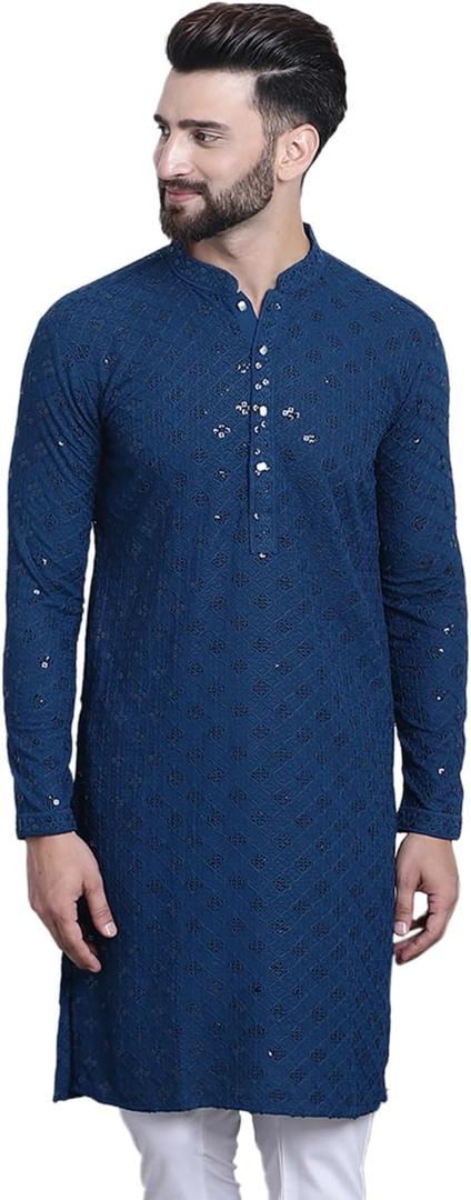 Sojanya (Since 1958 Men'S Pure Cotton Sequence Only Long Kurta (X-Large, Teal Blue)