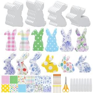 BrightRow 24 Set DIY Easter Unfinished Wood Bunny Set for Crafts Decoupage Your Own Wooden Bunny with Easter Statue Decoupage Napkins Glue Sponge Brush Paint Brush for Home Decor DIY Arts Crafts