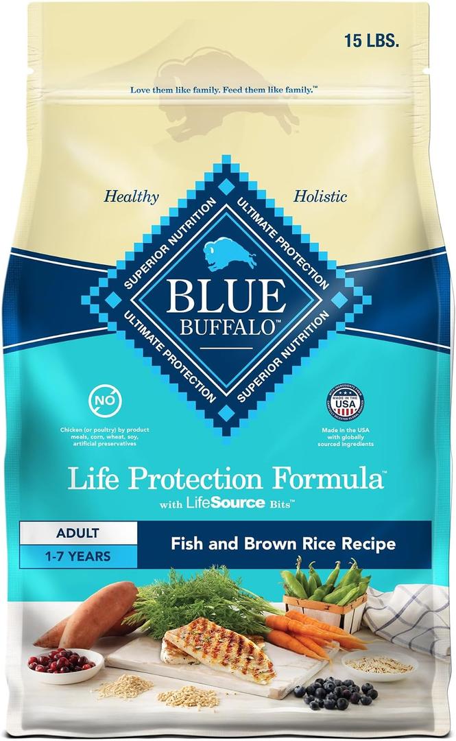 Blue Buffalo Life Protection Formula Adult Dry Dog Food, Helps Build and Maintain Strong Muscles, Made with Natural Ingredients, Fish & Brown Rice Recipe, 15-lb Bag (EXP 04/06/27)
