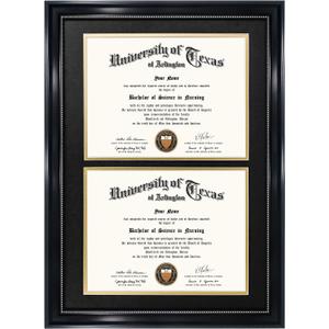 GraduationMall 14x20 Double Diploma Frame, Display 8.5x11 Certificate with Black over Gold Mat,Tempered Glass,Black with Silver Beads