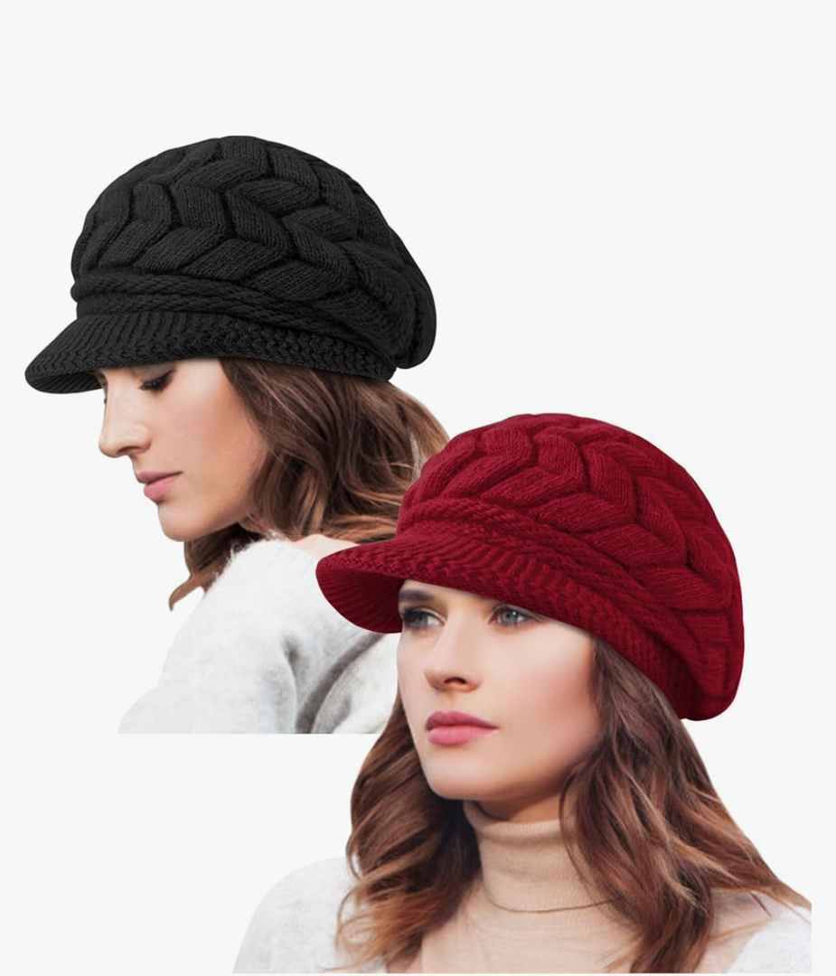YSense 2 Pack Women's Winter Hats Warm Knit Hat Slouchy Beanie Cap with Brim Gifts
