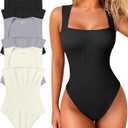 OQQ Women's 3 Piece Bodysuits Sexy Ribbed Strappy Square Neck Sleeveless Tummy Control Tank Tops Bodysuits (Black,grey,beige)