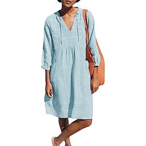 Lafural Womens V Neck Cotton Casual Loose Shift Tunic Smock Summer Dresses Vacation Dress 3/4 Sleeve Pocket Blue XL