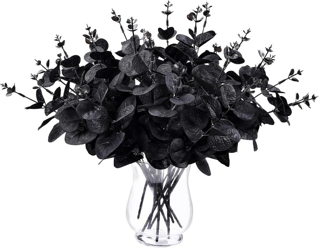 DIYDEC 18Pcs Black Artificial Flowers 2 Styles Black Eucalyptus Stems for Table Centerpieces Faux Eucalyptuses Leaves Branches for Halloween Home Farmhouse Party Decoration