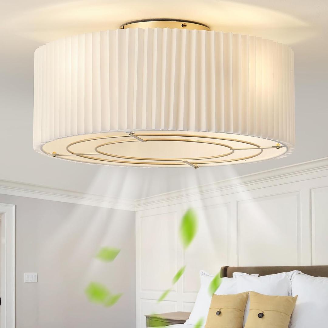 20" Low Profile Ceiling Fans with Lights, Flush Mount Boho Ceiling Fan with Light Remote Control, Bladeless Caged 6 Speeds for Bedroom, Nursery, Living Room (Beige)