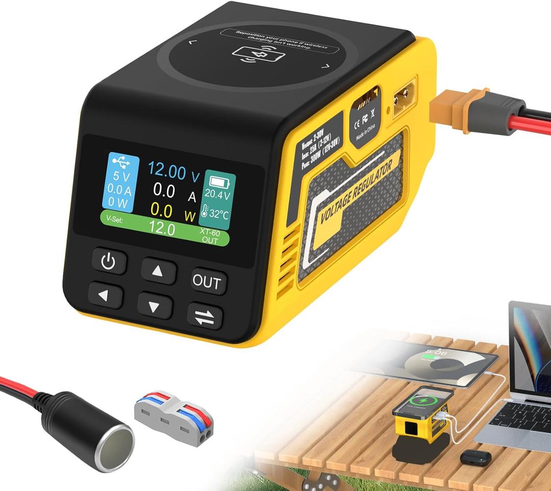 Kzreect 300W Adjustable DC 230V Voltage Regulator Compatible with DeWalt 18V/20V Battery XT60 Output, 140W Type-C, 18W USB-A, 15W Wireless Charger, LCD Display (Battery Not Included)