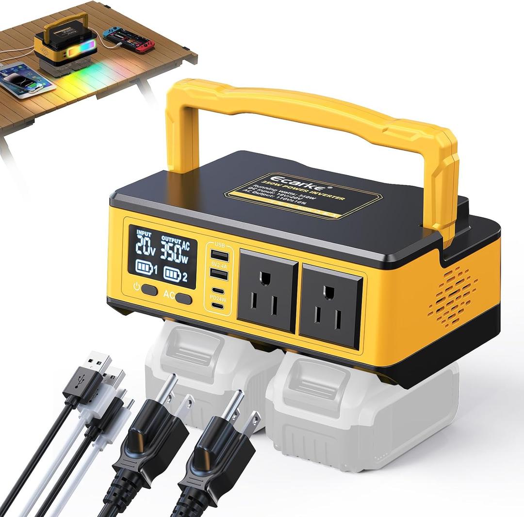 Power Inverter Compatible with DeWalt 20V Batteries: Ecarke 350W Portable Power Outlet 2 AC Outlets 2 USB Phone Charger 2 Type-C, Generator DC 18V to AC 110V - Battery Adapter LED Light RGB Light