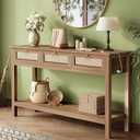 SUPERJARE Rattan Console Sofa Table with Outlets and USB-C Port, 3 Drawer Entryway Table with Synthetic Rattan Surface, Open Shelf, Behind Couch Entry Foyer Hallway Storage, Brown (11"D x 47.2"W x 31.5"H)