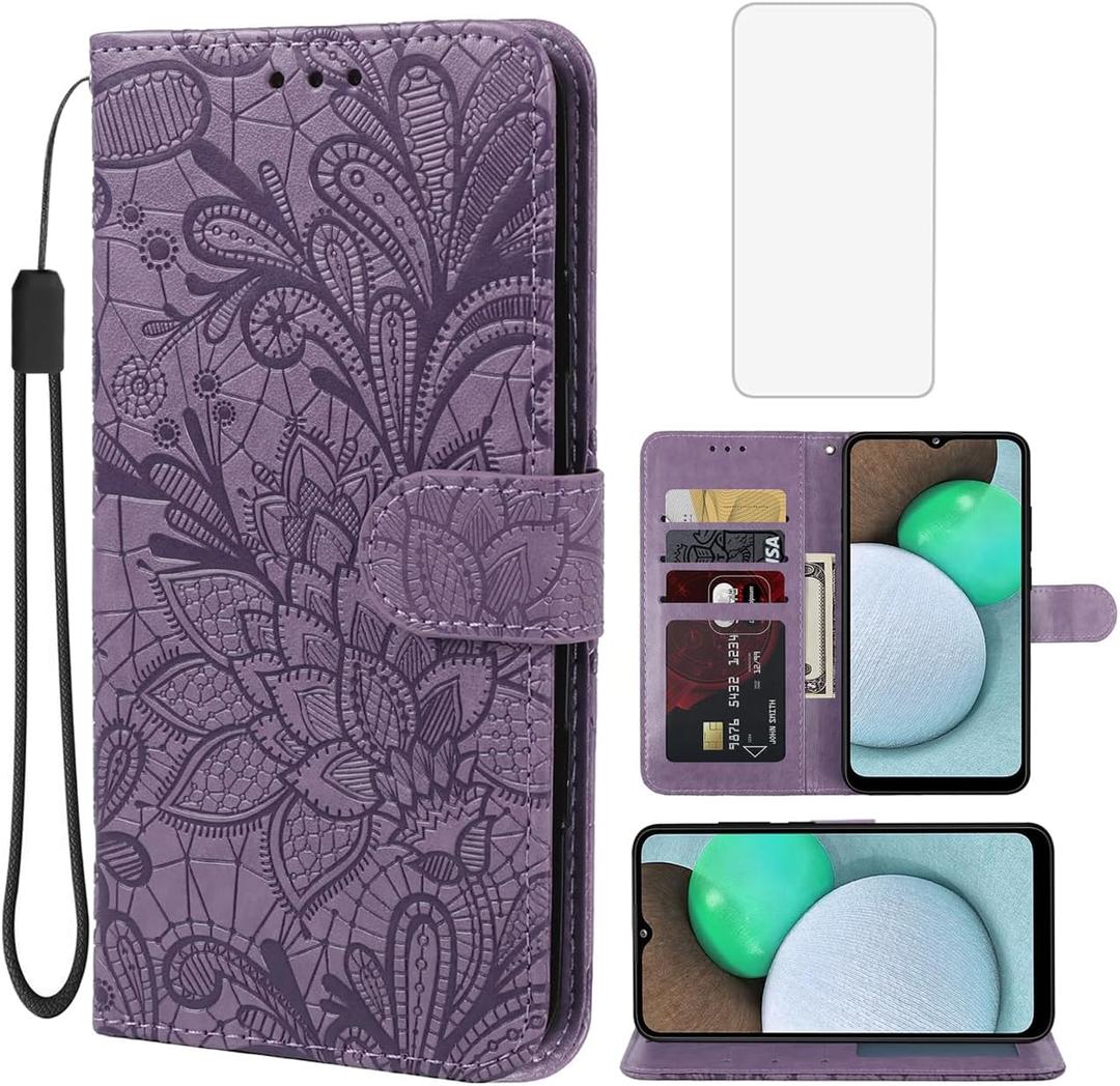 Case for Galaxy A03S Case, Samsung A03S SM-A037U Wallet Case with Tempered Glass Screen Protector, Lace Flower PU Leather Flip Credit Card Holder Phone Cover for Samsung Galaxy A03S Purple