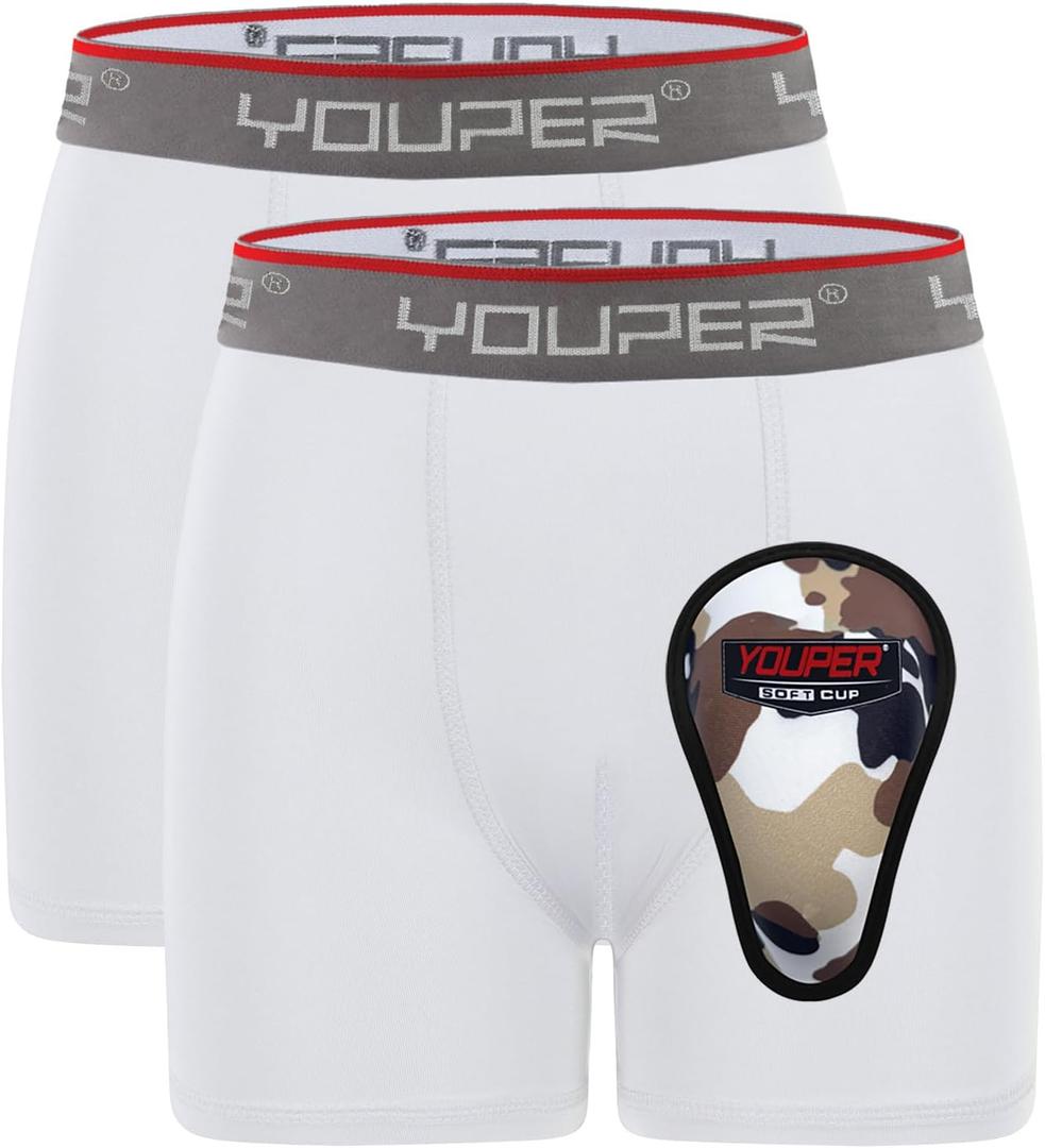 Youper Youth Brief w/Soft Athletic Cup, Boys Underwear w/Baseball Cup (2-Pack) (White, Medium)
