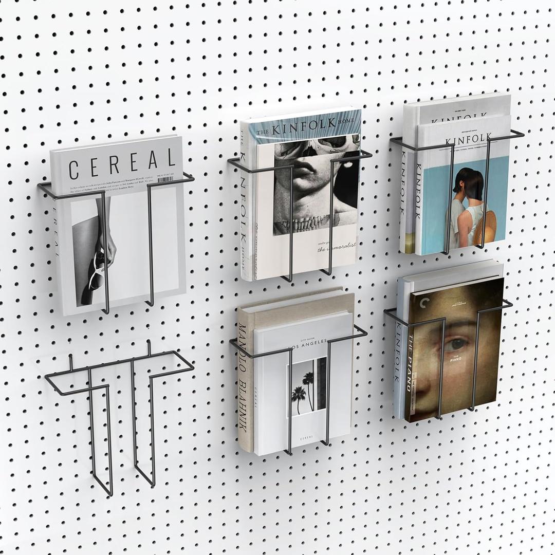 6 Pack Literature Display Shelf for Pegboard, Metal Wire Peg Board Magazine Holder, Pegboard Shelves Accessory for Trade Shows, Exhibitions, Offices, and Retail Stores, Black