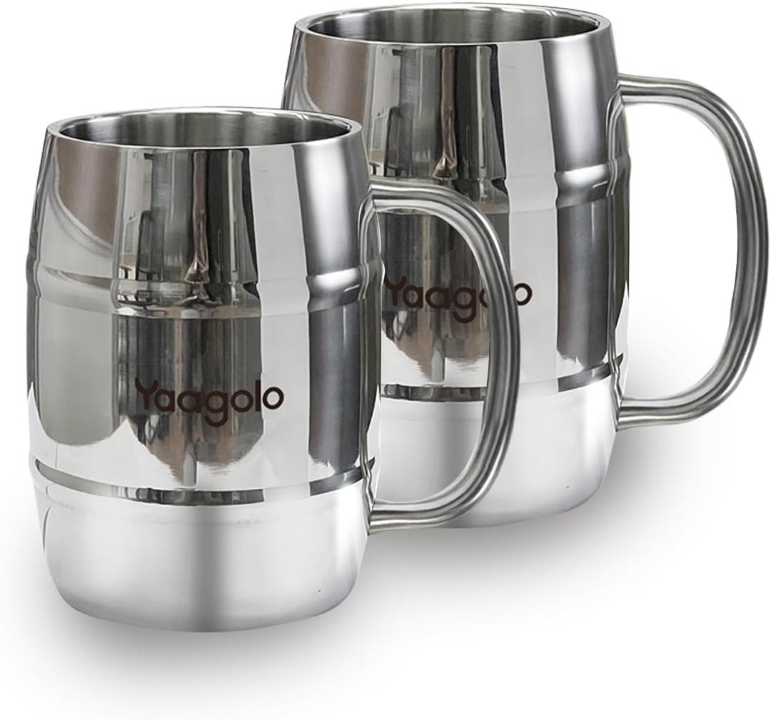 Beer Mug, 2 Pack 17oz Double Wall Stainless Steel Beer Stein with Handle, Insulated Stein Mug for Cold Drinks, Hot Coffee, Milk, Shatterproof Cups for Men Women, Gift for Beer Lovers