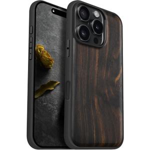 Carveit Magnetic Wooden Case for iPhone 16 Pro Case, Solid Wood & Black Soft TPU Shockproof Cover, Compatible with MagSafe Wireless Chargers (Natural Grain) Blackwood