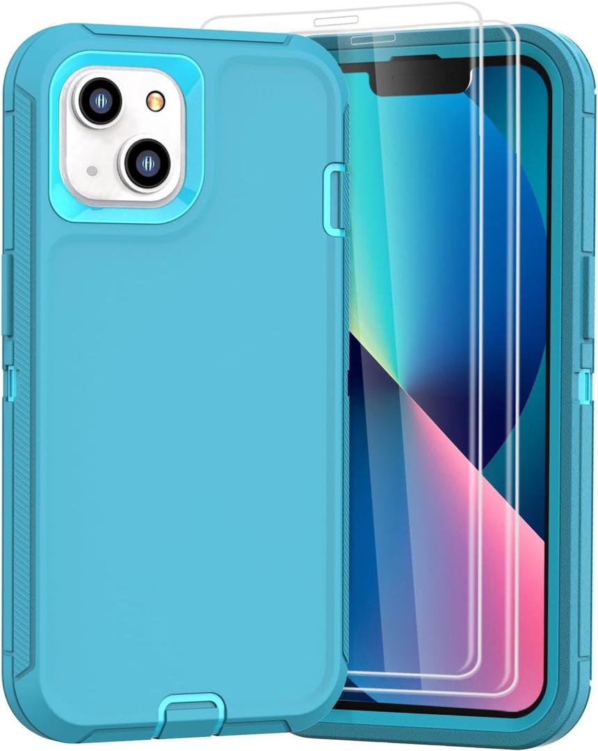 Compatible with iPhone 13& iPhone 14 Case [2 Screen Protectors ] Military Grade Full Body Cover, Heavy Duty Shockproof Drop Proof Protection Case 6.1"(Light Blue)