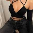 SHENHE Women's Criss Cross Strappy Wrap Crop Top Long Sleeve Halter Sexy Going Out Tshirt (Black, L)