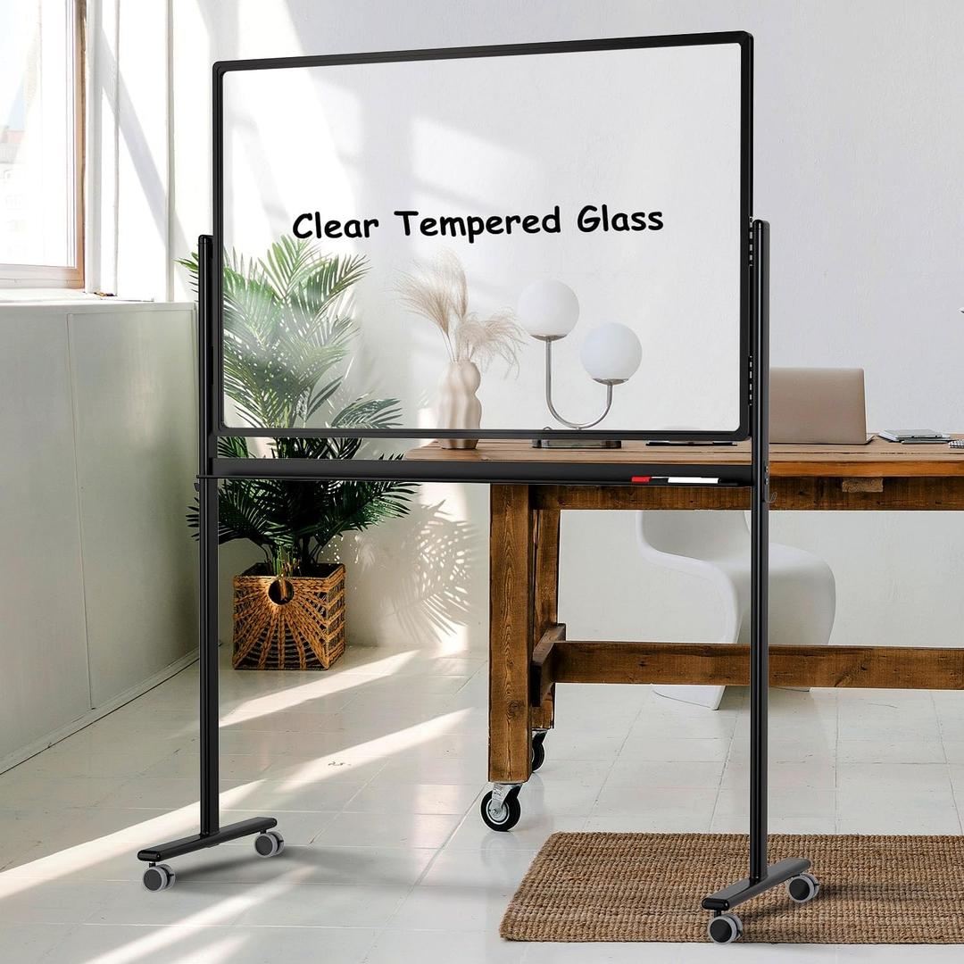 Rolling Whiteboard 48”x32” Clear Glass Dry Erase Board on Wheels