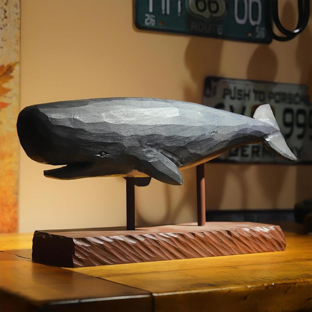 Wooden Whale Model with Stand Cute Whale Statue Decor Whale Sculpture Beach Coastal Nautical Ornaments for Home Office Shelf Decktop Kitchen Nursery Present for Whale Lovers Birthday Man