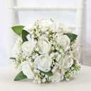 Artificial Bridesmaid Bouquets Set of 6 for Wedding - 7 inch White Flowers Bouquets for Bridesmaids, Faux Rose Gypsophila Rustic Small Floral Bouquet Fake Boho Wedding Party Ceremony Anniversary Decor
