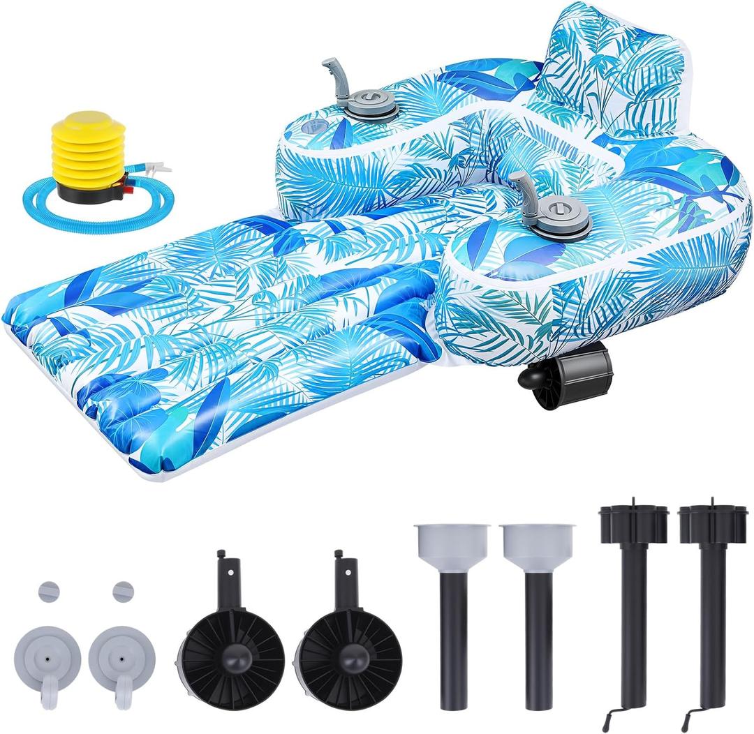 ShinyRelief Motorized Pool Float for Adults, Inflatable Pool Lounger with Built in Dual Motor, Cup Holders, Backrest, Foot Pump for Lake, Beach, Summer Party(Leaves,Blue)
