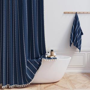BTTN Extra Long Shower Curtain - 72x84 Long Boho Chic Striped Tassel Linen Fabric Shower Curtain Set with Hooks, Tall Modern Farmhouse Cute Heavy Duty Cloth Shower Curtains for Bathroom - Navy Blue