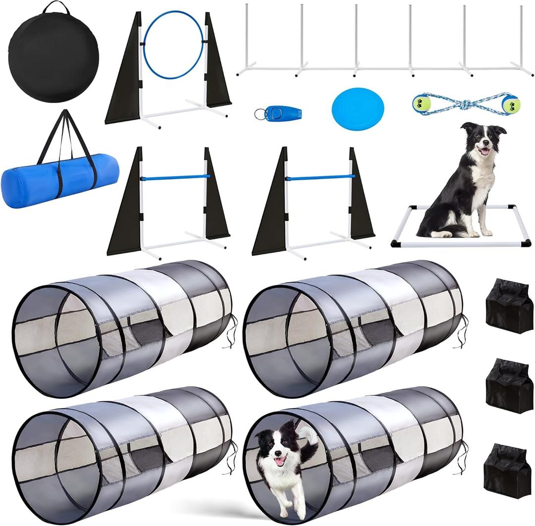 Dog Agility Training Equipment, Course Backyard Set Training Equipment for Dogs Pet Outdoor Game with Grey and Black Tunnel, Agility Hurdle, Poles, Jump Ring, Pause Box, Toy Balls and Storage Bag