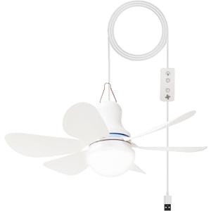 Portable Ceiling Fan with LED Light, Mini DC 5V USB Tent Fans for RV, 16.5Inch Small USB Ceiling Fan Hanging Camping Tent Gazebo Bed Dormitory, On/Off Button Switch, Detachable Blades