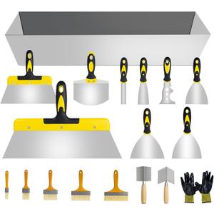 18 pcs Putty Knife Set,Drywall Knife, Espatulas Drywall Kit With Mud Pan,1 2 3 4 5 6 Spackle Knife,7 10 14 Taping Knives, External Corner Trowel & Internal Corner Trowel,5 Brushes And Gloves