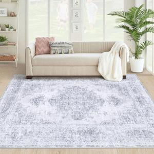 Area Rug 4x6 Vintage Rug, Machine Washable Vintage Distressed Medallion Rug Non-Slip Soft Low Pile Large Indoor Rugs for Bedroom Kitchen Dining Room Office(LightGrey,4'x6')