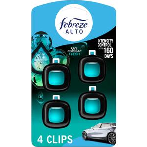 Febreze Car Air Freshener, Odor-Fighting Automotive Vent Clip, Scented Car Accessories, Long Lasting for Strong Odors, Unstopables Fresh Scent, .07 fl oz, 4 Count