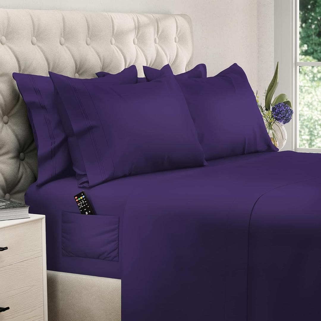 DREAMCARE Queen Sheet Set - 6 pcs Breathable Cooling Bed Sheets - up to 15" Deep Pocket Queen Sheets Set with Side Pockets - Extra Soft 100% Brushed Hypoallergenic Hotel Luxury Bedding - Purple