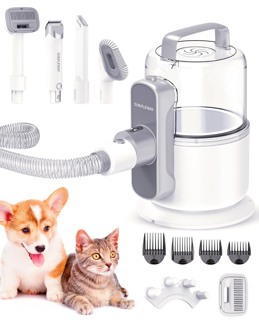 Dog Grooming Vacuum Kit for Shedding: Pet Hair Remover with Quiet Suction Cleaners and Large Capacity Dustbin for Long-Haired Dogs and Cats Home Brush and Groomer with 6 Attachments(Greyish White)
