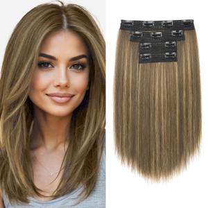 NTYNTY Hair Extensions, 14" Short Clip in Hair Extensions 4PCS Straight Natural Soft Synthetic Hairpiece for Women - Chocolate Brown with Highlights