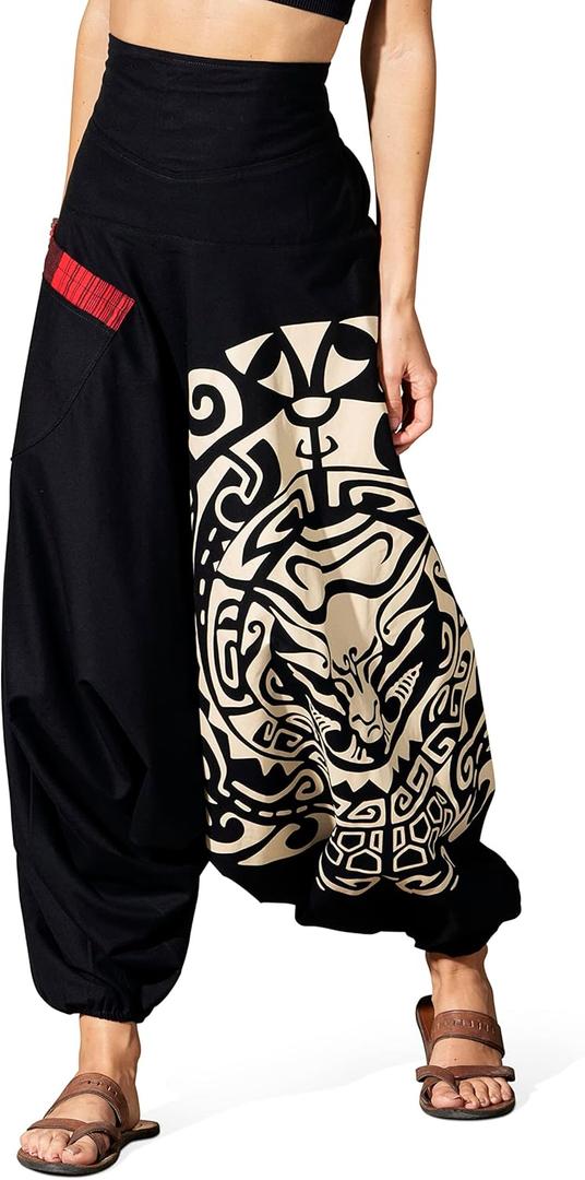 The Veshti Company Women's Printed Summer Harem Pants, Cotton Boho Hippie Casusal Oversized Palazzo Pant for Women (X-Large, Fate Weaver Black-beige)